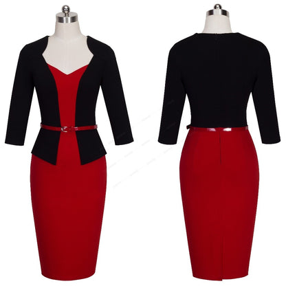 Elegant One Piece Patchwork Lady Business Office Dress Casual Wear To Work Belted Women Formal Bodycon Pencil Dress HB328