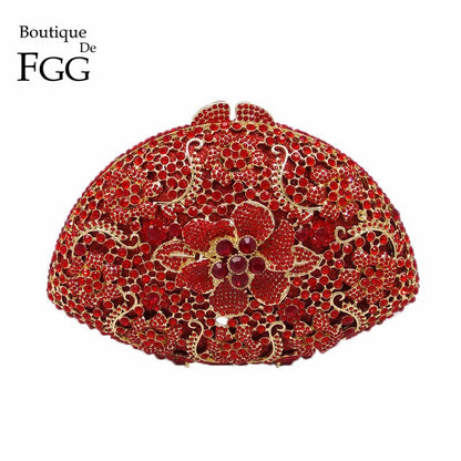Elegant Red Women Flower Clutch Crystal Evening Party Bags Hollow Hard Case Wedding Clutches Purses Bridal Rhinestones Handbags