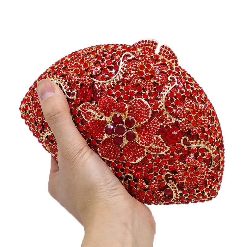 Elegant Red Women Flower Clutch Crystal Evening Party Bags Hollow Hard Case Wedding Clutches Purses Bridal Rhinestones Handbags