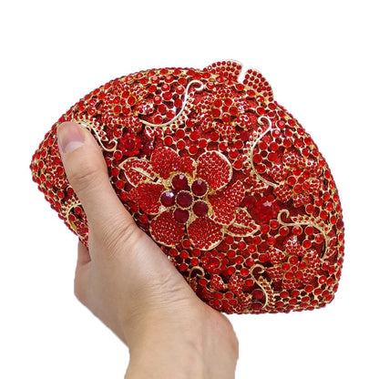 Elegant Red Women Flower Clutch Crystal Evening Party Bags Hollow Hard Case Wedding Clutches Purses Bridal Rhinestones Handbags