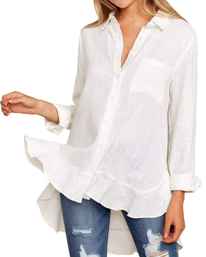 Elegant Ruffles Blouses Shirts Women 2019 Spring Autumn Sexy Ladies V Neck Long Sleeve Asymmetrical Hem Solid Shirts Pockets