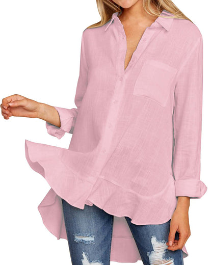 Elegant Ruffles Blouses Shirts Women 2019 Spring Autumn Sexy Ladies V Neck Long Sleeve Asymmetrical Hem Solid Shirts Pockets