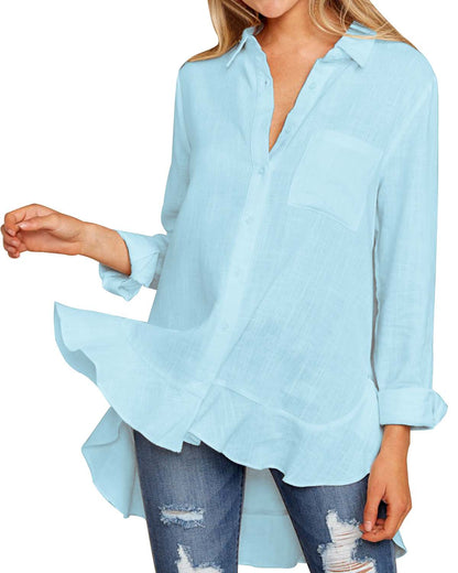 Elegant Ruffles Blouses Shirts Women 2019 Spring Autumn Sexy Ladies V Neck Long Sleeve Asymmetrical Hem Solid Shirts Pockets