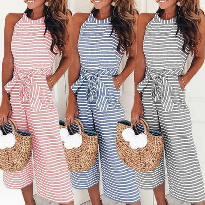 Women's Striped Sleeveless Jumpsuit Loose Trousers Wide Leg Pants Rompers Holiday Belted Leotard Overalls