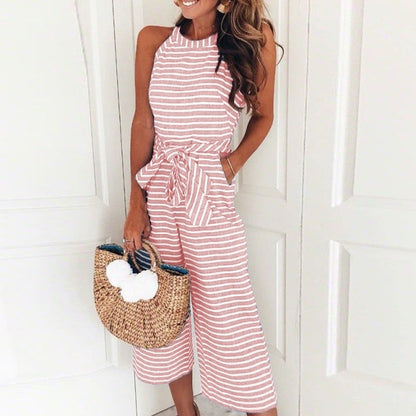 Women's Striped Sleeveless Jumpsuit Loose Trousers Wide Leg Pants Rompers Holiday Belted Leotard Overalls