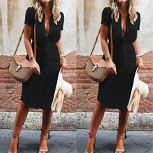 Cargar imagen en el visor de la galería, Elegant Short Sleeve Shirt Dress 2019 Summer Solid Single breasted Beach Dresses Women Casual Adjusted Waist Mini Party Vestido
