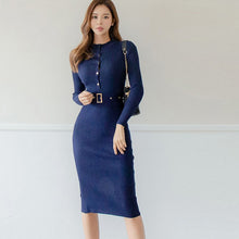 Load image into Gallery viewer, Elegant Single Breasted Women Sweater Dress O neck Full Sleeve Sashes Stretch Vestidos Female Knee length Knitted Dress 2019
