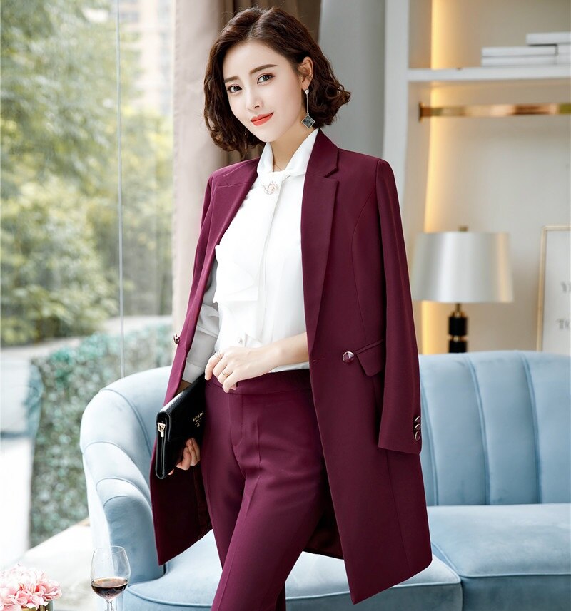 Elegant Wine 2018 New British Styles Spring Fall Formal Blazers & Jackets Coat Middle Long Blazer Female Tops Outwear Clothes