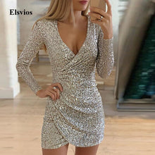 Load image into Gallery viewer, Elsvios Deep V Neck Sequin Dress Elegant Women Sliver Glitter Bodycon Party Dress Autumn Long Sleeve Nightclub Mini Dresses
