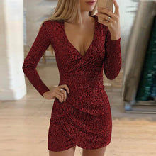 Load image into Gallery viewer, Elsvios Deep V Neck Sequin Dress Elegant Women Sliver Glitter Bodycon Party Dress Autumn Long Sleeve Nightclub Mini Dresses
