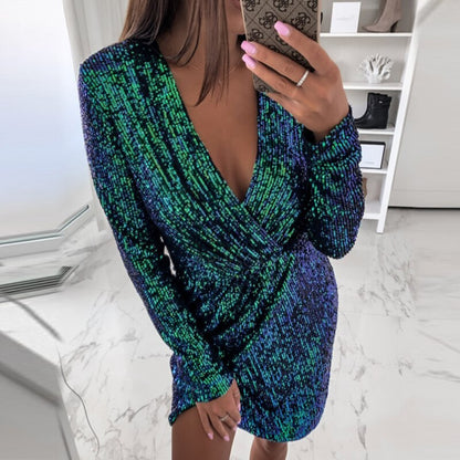 Elsvios Deep V Neck Sequin Dress Elegant Women Sliver Glitter Bodycon Party Dress Autumn Long Sleeve Nightclub Mini Dresses