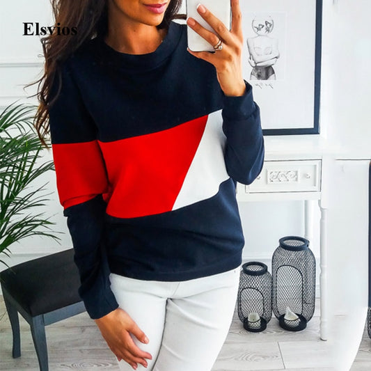 Elsvios Women's Patchwork Sweater Autumn Winter Long Sleeve Sweatshirt Casual Femme O Neck Pullover Tops Streetwear XXL