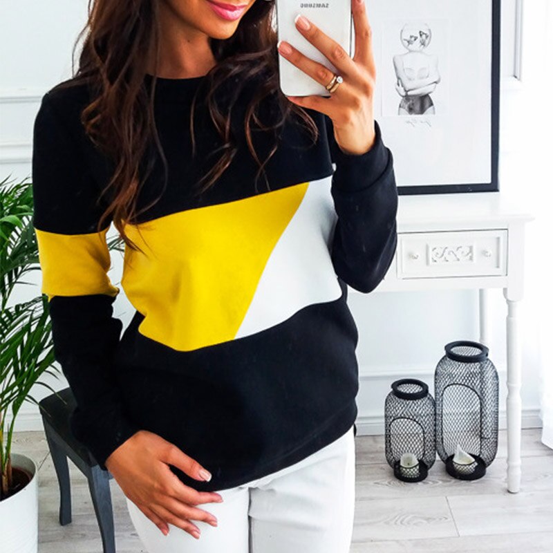 Elsvios Women's Patchwork Sweater Autumn Winter Long Sleeve Sweatshirt Casual Femme O Neck Pullover Tops Streetwear XXL