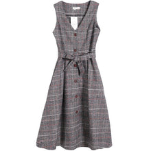 Load image into Gallery viewer, British Style Women&#39;s Winter Wool Sundress V Neck Vintage Plaid Sashes Long Sleeveless Shirt Dress Elegant Mori Girl Wool Dress
