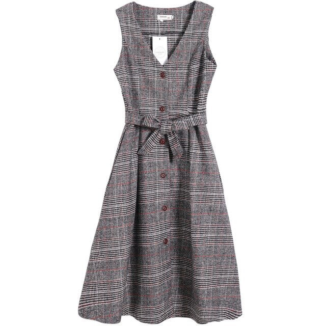 British Style Women's Winter Wool Sundress V Neck Vintage Plaid Sashes Long Sleeveless Shirt Dress Elegant Mori Girl Wool Dress
