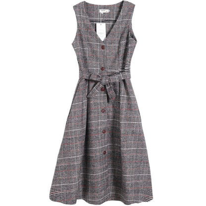 British Style Women's Winter Wool Sundress V Neck Vintage Plaid Sashes Long Sleeveless Shirt Dress Elegant Mori Girl Wool Dress