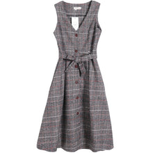 Load image into Gallery viewer, British Style Women&#39;s Winter Wool Sundress V Neck Vintage Plaid Sashes Long Sleeveless Shirt Dress Elegant Mori Girl Wool Dress
