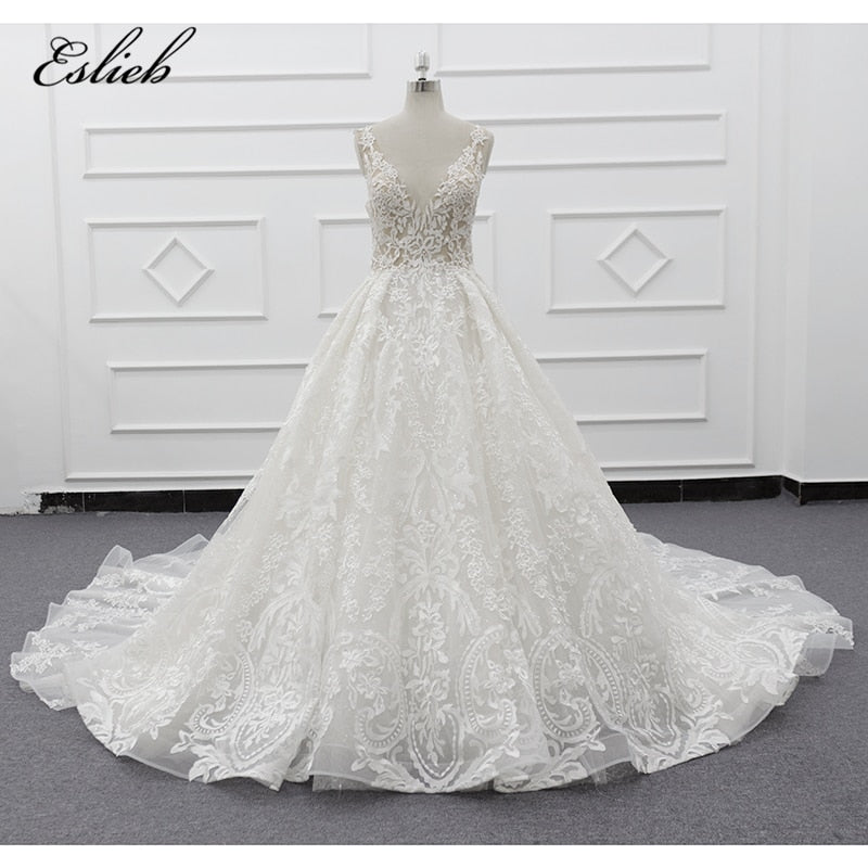 Eslieb Nude tulle Lace beads Ball Gown wedding dress 2020 shining wedding dress vestido de Noiva