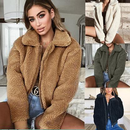 European Fleece Jacket Autumn Winter Solid Color Warm Fleece Jacket Women's Clothing