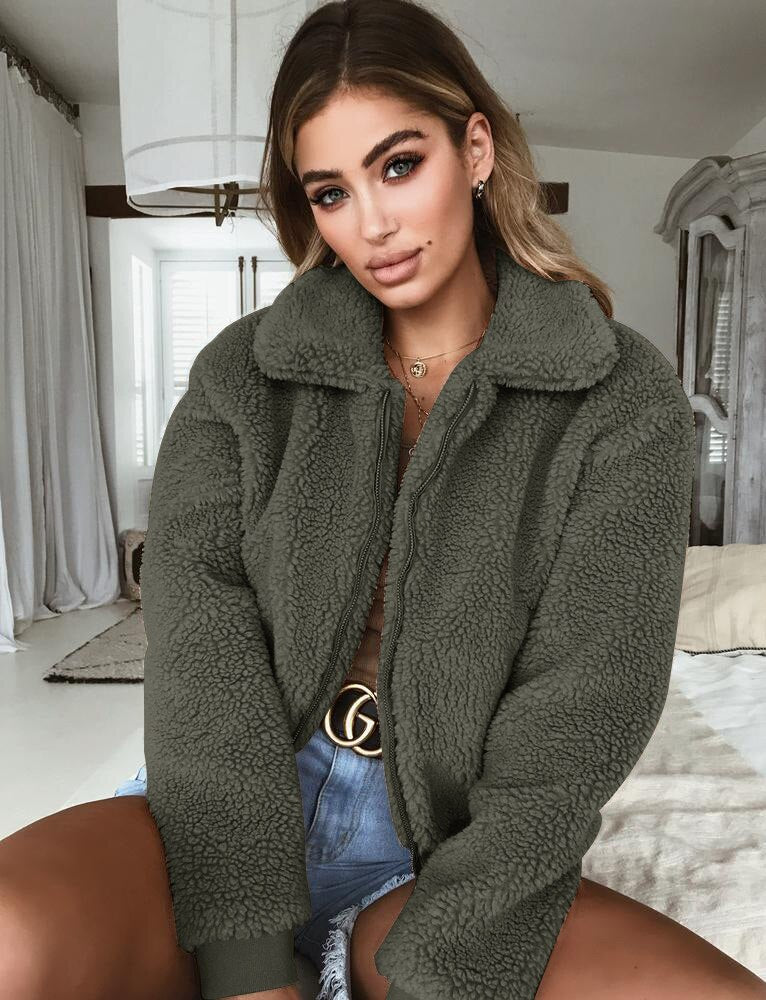 European Fleece Jacket Autumn Winter Solid Color Warm Fleece Jacket Women's Clothing