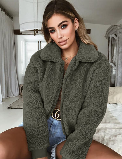 European Fleece Jacket Autumn Winter Solid Color Warm Fleece Jacket Women's Clothing