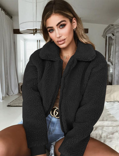 European Fleece Jacket Autumn Winter Solid Color Warm Fleece Jacket Women's Clothing