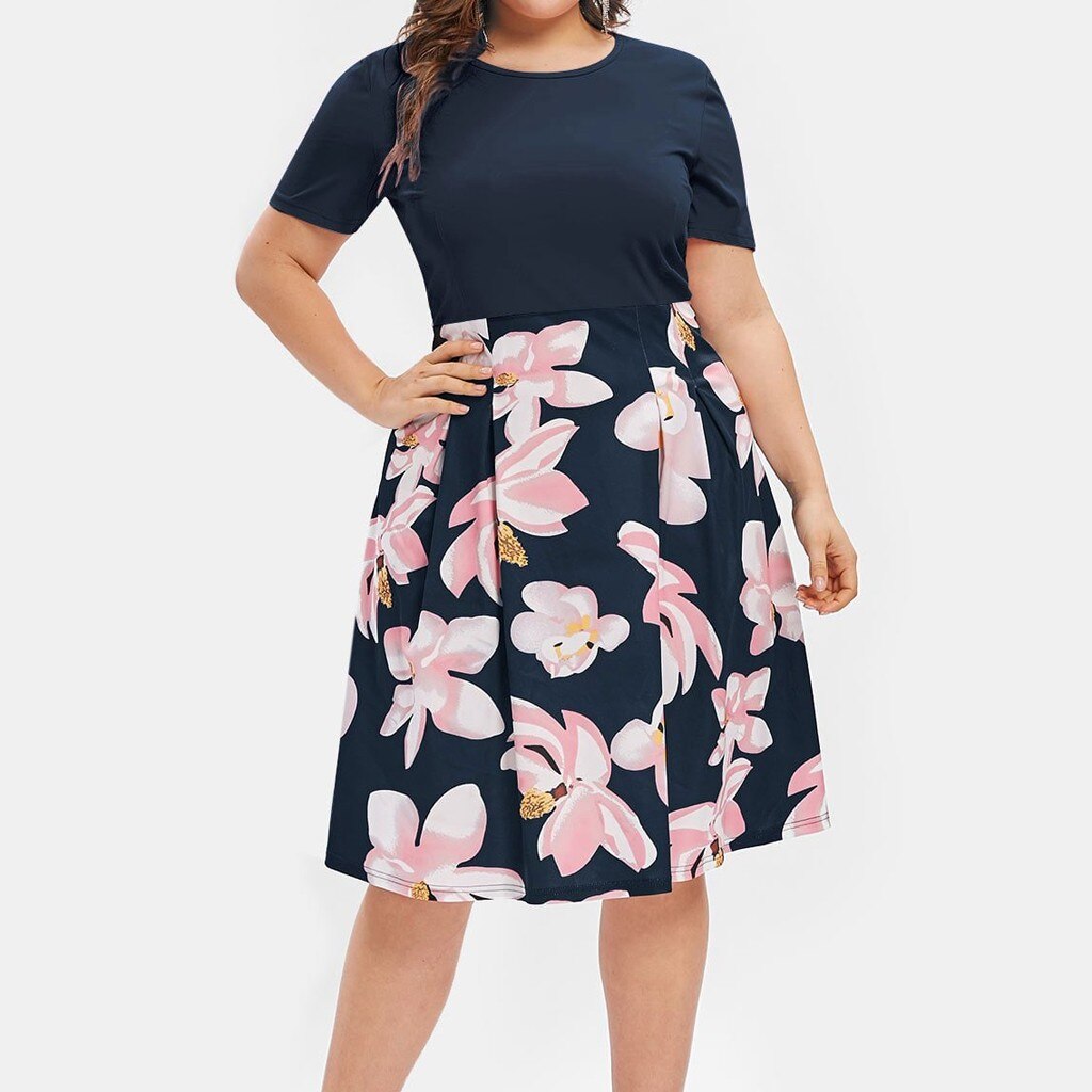 FREE OSTRICH Plus Size 5XL Women Flower Print Plus Size Midi A Line Dress Mini Dress Shirt Dress summer dress Elegant vestidos