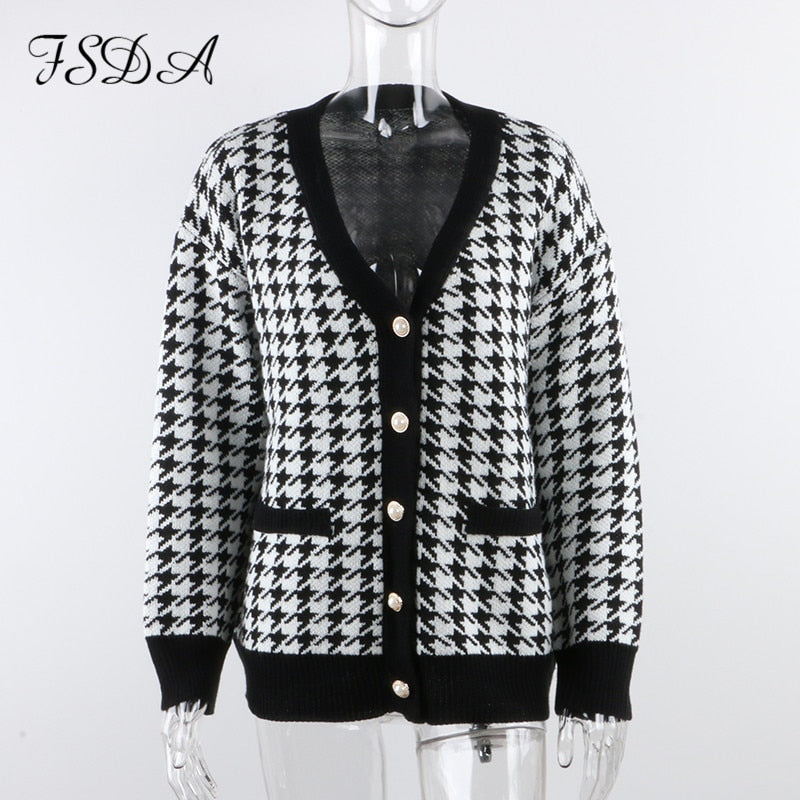 FSDA V Neck Women Button Black Houndstooth Cardigan 2020 Long Sleeve Sweater Autumn Winter Knitted Loose Oversized Jumper Casual