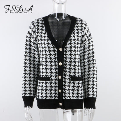 FSDA V Neck Women Button Black Houndstooth Cardigan 2020 Long Sleeve Sweater Autumn Winter Knitted Loose Oversized Jumper Casual