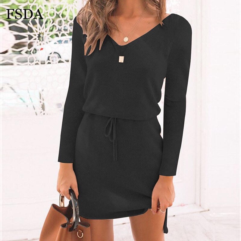 FSDA V Neck Women Sashes Long Sleeve Casual Dress Pink Black Gray Slit Mini Autumn Winter Knitted 2019 Warm Short Dresses