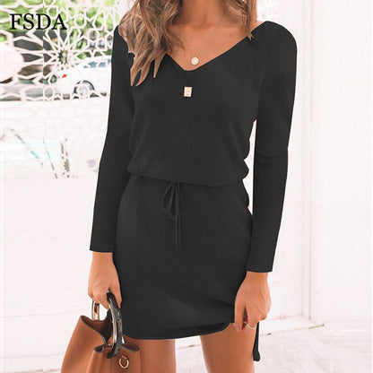 FSDA V Neck Women Sashes Long Sleeve Casual Dress Pink Black Gray Slit Mini Autumn Winter Knitted 2019 Warm Short Dresses