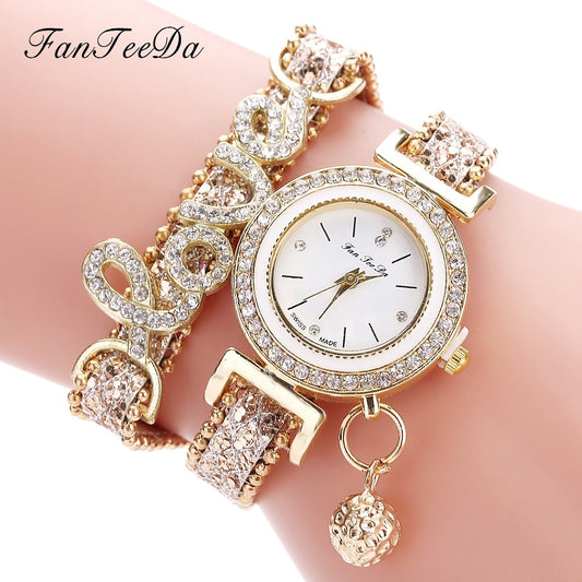 FanTeeDa Top Brand Women's Bracelet Watches Ladies Love Leather Strap Rhinestone Quartz Wrist Watch Luxury Fashion Quartz Watch