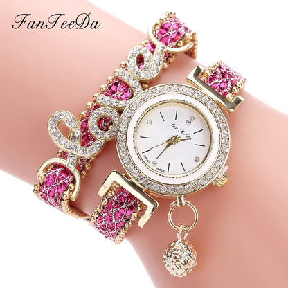 FanTeeDa Top Brand Women's Bracelet Watches Ladies Love Leather Strap Rhinestone Quartz Wrist Watch Luxury Fashion Quartz Watch