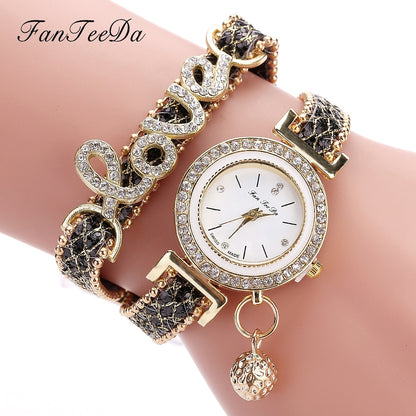 FanTeeDa Top Brand Women's Bracelet Watches Ladies Love Leather Strap Rhinestone Quartz Wrist Watch Luxury Fashion Quartz Watch
