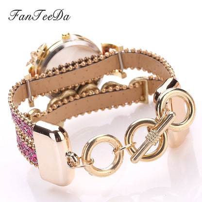 FanTeeDa Top Brand Women's Bracelet Watches Ladies Love Leather Strap Rhinestone Quartz Wrist Watch Luxury Fashion Quartz Watch