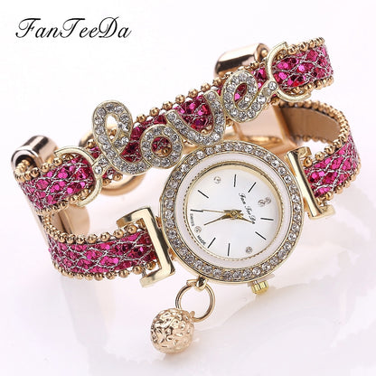 FanTeeDa Top Brand Women's Bracelet Watches Ladies Love Leather Strap Rhinestone Quartz Wrist Watch Luxury Fashion Quartz Watch