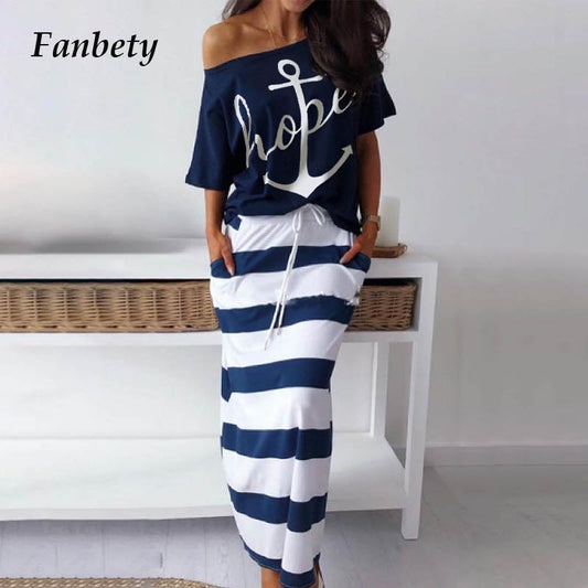 Women's Off Shoulder Two Piece Sets dress Boat Anchor Hope Print Shirts Striped dress Sets Lady Casual Ankle-Length dress