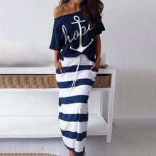 將圖片載入圖庫檢視器 Women&#39;s Off Shoulder Two Piece Sets dress Boat Anchor Hope Print Shirts Striped dress Sets Lady Casual Ankle-Length dress
