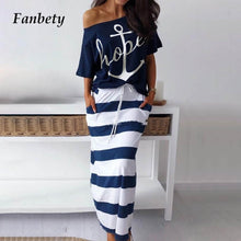 將圖片載入圖庫檢視器 Women&#39;s Off Shoulder Two Piece Sets dress Boat Anchor Hope Print Shirts Striped dress Sets Lady Casual Ankle-Length dress
