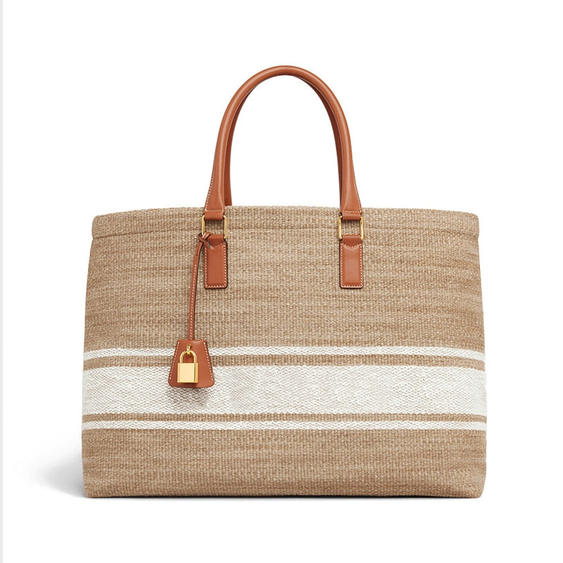 Fashion 2021 New Women's Canvas Weave Letter Embroidery Printed Splices Ornaments Handbag Female Shopping Beach Tote Bags Purses