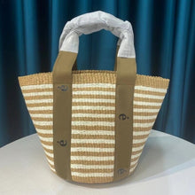 將圖片載入圖庫檢視器 Fashion 2021 New Women&#39;s Straw Weave Webbing Letter Printing Splices Basket Bags Female Top Handle Shoulder Bucket Bag Purses
