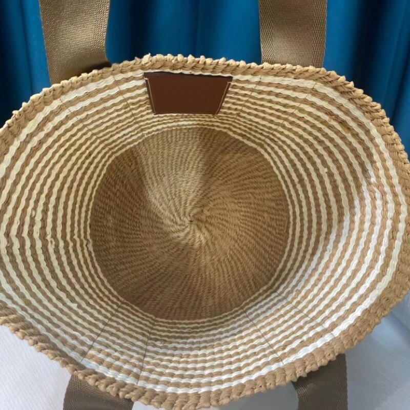 Fashion 2021 New Women's Straw Weave Webbing Letter Printing Splices Basket Bags Female Top Handle Shoulder Bucket Bag Purses