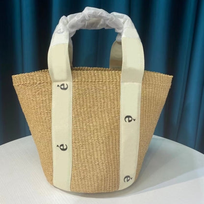 Fashion 2021 New Women's Straw Weave Webbing Letter Printing Splices Basket Bags Female Top Handle Shoulder Bucket Bag Purses