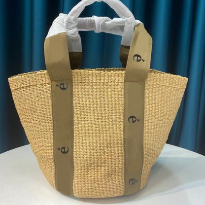Fashion 2021 New Women's Straw Weave Webbing Letter Printing Splices Basket Bags Female Top Handle Shoulder Bucket Bag Purses
