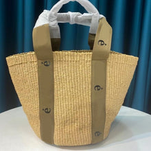 將圖片載入圖庫檢視器 Fashion 2021 New Women&#39;s Straw Weave Webbing Letter Printing Splices Basket Bags Female Top Handle Shoulder Bucket Bag Purses
