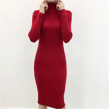 将图片加载到图库查看器，Warm Sweater Dress Turtleneck Elegant Women Knit Dresses Korean Woman Long Sleeve Sweater Dresses Women Bodycon Dress

