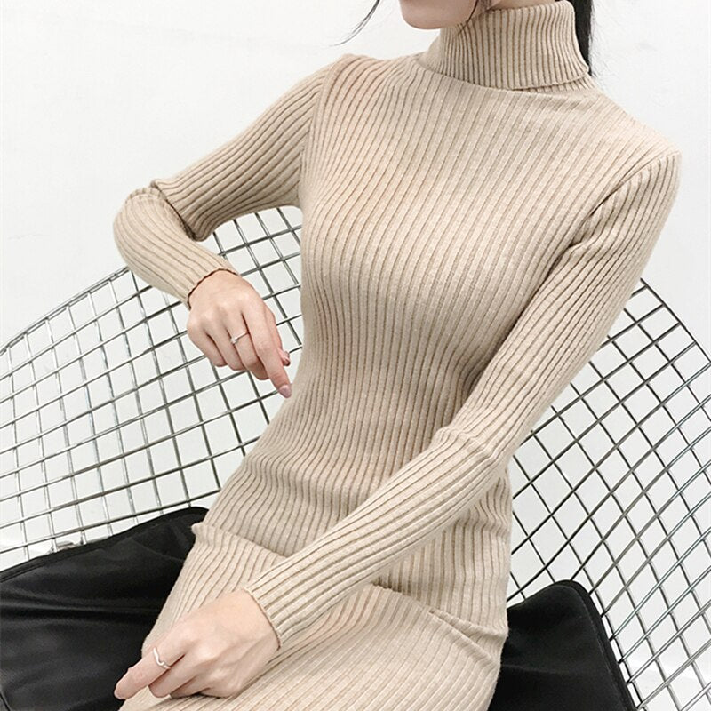 Warm Sweater Dress Turtleneck Elegant Women Knit Dresses Korean Woman Long Sleeve Sweater Dresses Women Bodycon Dress