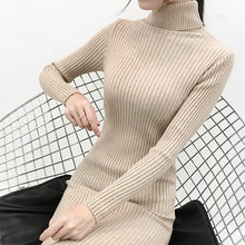 将图片加载到图库查看器，Warm Sweater Dress Turtleneck Elegant Women Knit Dresses Korean Woman Long Sleeve Sweater Dresses Women Bodycon Dress
