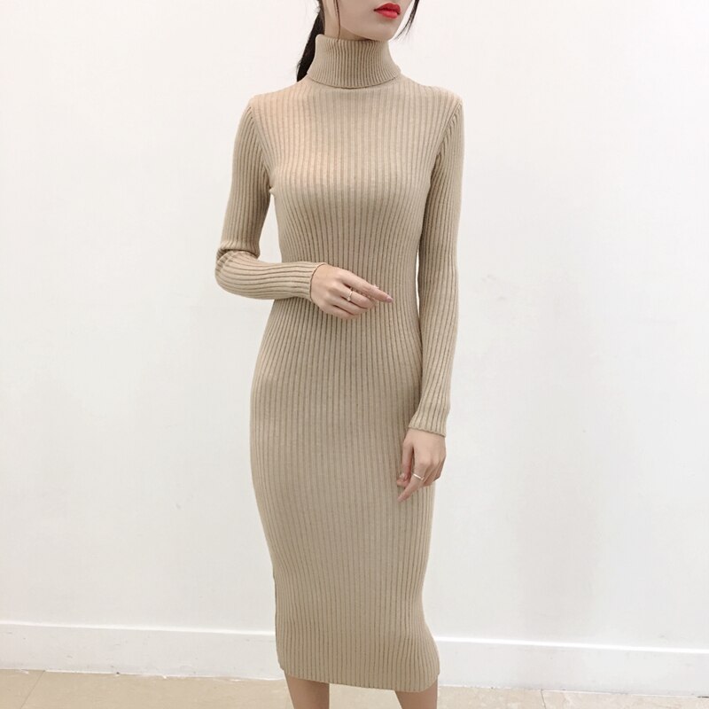 Warm Sweater Dress Turtleneck Elegant Women Knit Dresses Korean Woman Long Sleeve Sweater Dresses Women Bodycon Dress
