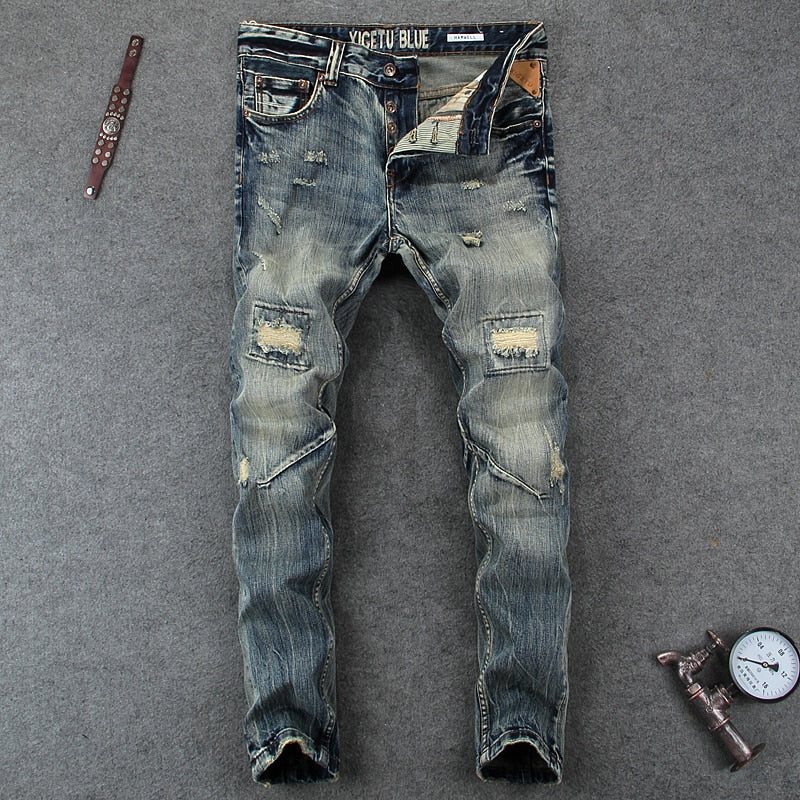 Fashion Designer Men's Jeans Knee Hole Frayed Ripped Jeans For Men Beggar Pants Brand Buttons Pants Slim Fit Biker Jeans Men